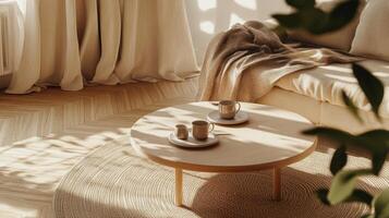 Cozy Scandinavian Living Room with Round Coffee Table and Beige Accents photo