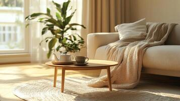 Cozy Scandinavian Living Room with Round Coffee Table and Beige Accents photo