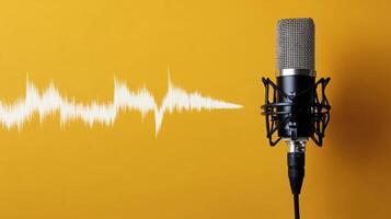 Condenser Microphone on Yellow Background with Sound Wave Graphic photo