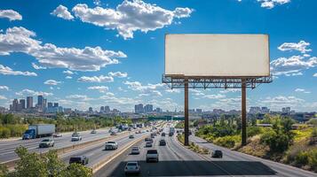 Empty Billboard by Busy Highway with Cityscape and Blue Sky photo