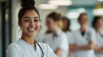 Confident Young Nurse Trainer Smiling with Group in Communal Area photo