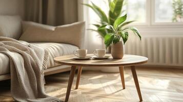 Cozy Scandinavian Living Room with Round Coffee Table and Beige Accents photo