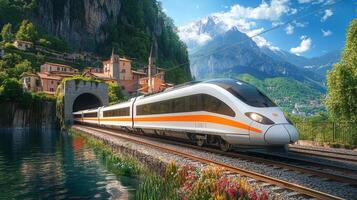High-Speed Train Emerging from Tunnel Amidst Lush Mountains and Tranquil Waters photo