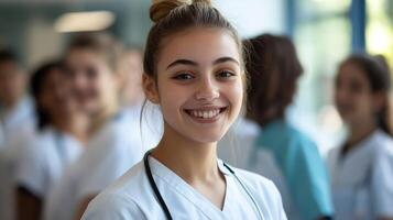 Confident Young Nurse Trainer Smiling with Group in Communal Area photo