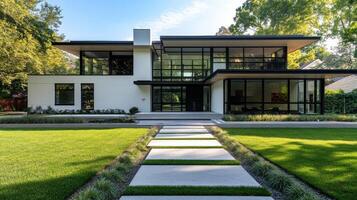 Symmetrical Modern House with Black Windows and Concrete Walkway photo