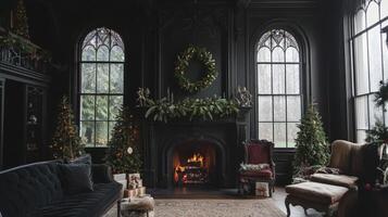 Victorian Gothic Living Room with Festive Fireplace and Black Walls photo