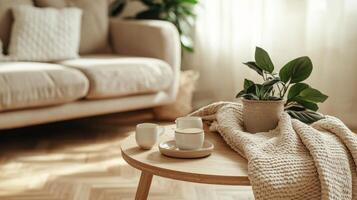 Cozy Scandinavian Living Room with Round Coffee Table and Beige Accents photo