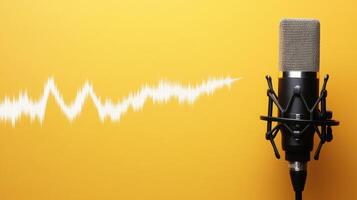 Condenser Microphone on Yellow Background with Sound Wave Graphic photo