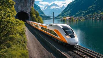 High-Speed Train Emerging from Tunnel Amidst Lush Mountains and Tranquil Waters photo