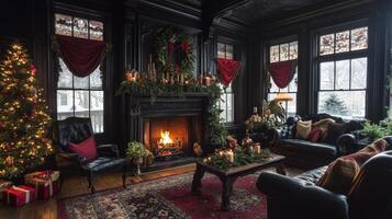 Victorian Gothic Living Room with Festive Fireplace and Black Walls photo