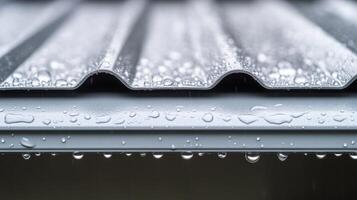 Rain-Kissed Metal Roof. Textured Droplet Close-Up photo