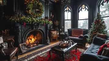 Victorian Gothic Living Room with Festive Fireplace and Black Walls photo