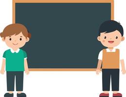 illustration of two children standing beside a chalkboard in a classroom setting, engaging in learning activities vector