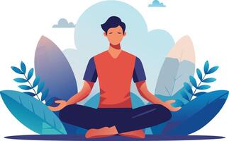 A person meditating in a serene environment surrounded by stylized plants and mountains vector