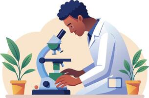 A scientist examining samples through a microscope in a laboratory vector