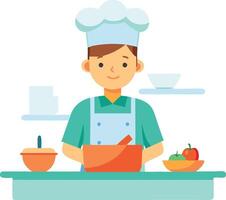 A smiling chef preparing a meal in a modern kitchen with fresh vegetables vector