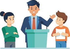 illustration of a speaker addressing an audience with two engaged listeners vector