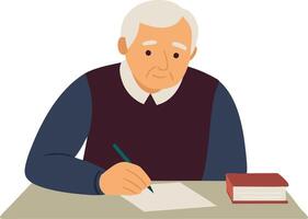 An elderly man writing in a notebook sitting at a table with a book vector