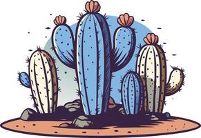 Illustration of various cacti growing on rocky desert terrain under a bright sky vector