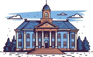 illustration of a blue historic building with a clock tower surrounded by greenery vector