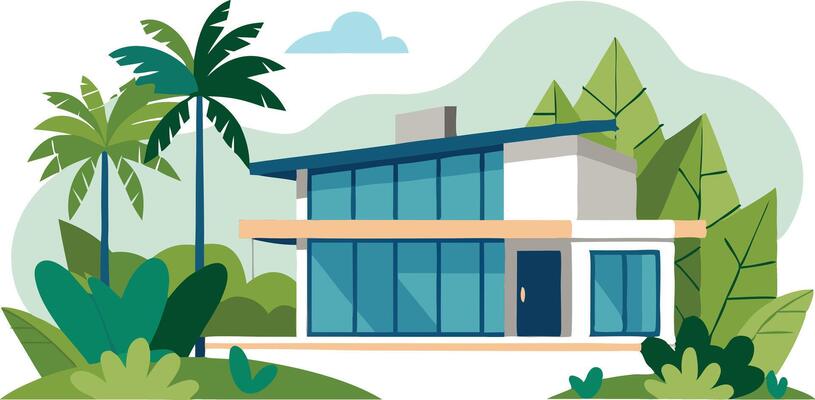 Modern illustration of a house surrounded by tropical plants and trees
