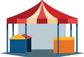 Colorful market stall with a red and white striped canopy and colorful display boxes vector