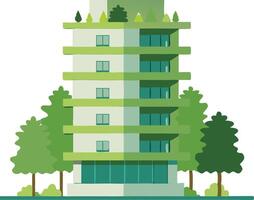 Modern eco-friendly apartment building surrounded by lush greenery and trees in a vibrant urban setting vector