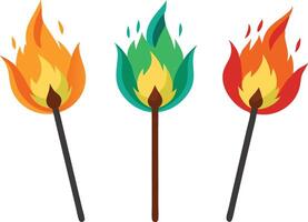 illustration of colorful flames on matchsticks representing fire in various intensities and colors vector