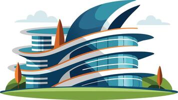 Modern illustration of a futuristic building with unique architectural design set in a vibrant landscape vector
