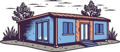 A small house featuring a door and windows, set against a simple background, showcasing its quaint architecture. vector