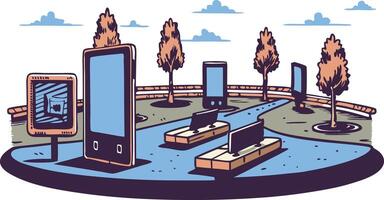 illustration of modern technology in a park with smartphones and digital displays among trees under a cloudy sky vector