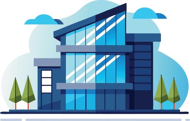 Modern illustration of a stylish glass building surrounded by trees and clear skies