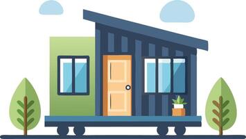 A flat design illustration of a tiny house on wheels, showcasing its compact and mobile structure. vector
