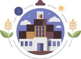 A simple illustration of a building with a blue structure. The drawing features two plants with wheat stalks on either side of the building vector