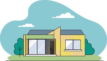 A modern yellow house with large windows and a minimalist design, surrounded by trees vector