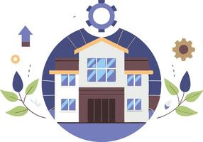A modern house surrounded by gears and leaves representing innovation and sustainability in urban development vector