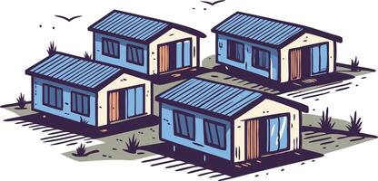 illustration of quaint houses clustered together in a rural setting surrounded by grass vector