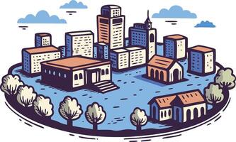 illustration of a vibrant cityscape with buildings, trees, and clouds set against a clear sky vector