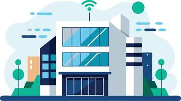 An illustration of a modern building featuring a prominent Wi-Fi symbol, representing connectivity and technology. vector
