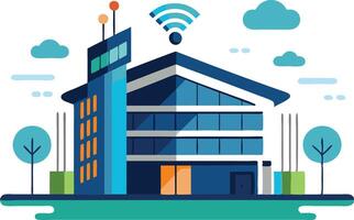 An illustration of a modern building featuring a prominent Wi-Fi symbol, representing connectivity and technology. vector