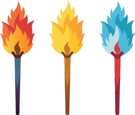 illustration of colorful torches featuring red, yellow, and blue flames on wooden sticks