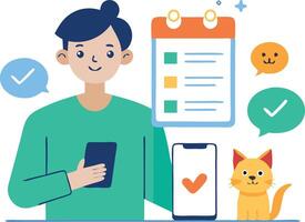 Engaging Young Man Using Smartphone While Holding Task List With Cat by His Side vector