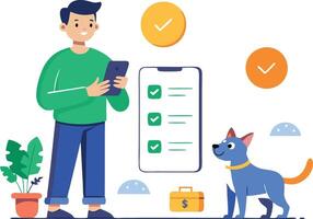 Young Man Using Smartphone While Checking List With His Happy Dog Nearby vector