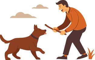Joyful Man Playing Fetch With His Brown Dog in a Open Field During Sunny Day vector