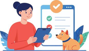 Person Using Tablet With Dog by Their Side While Reviewing Checklist vector