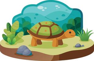 Colorful Illustration of a Happy Turtle Exploring a Lush Green Habitat Surrounded by Plants and Rocks vector