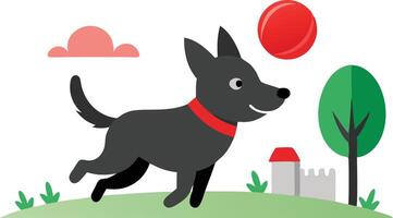 A Playful Dog Chasing a Red Ball in a Sunny Park With a Castle vector
