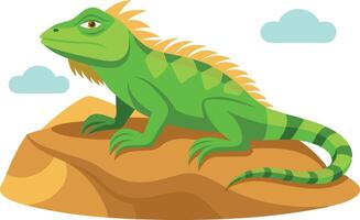 Green Iguana Resting on a Rock With Soft Clouds in a Bright Environment vector