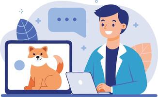 Man Interacting With a Dog on a Laptop vector