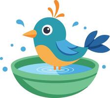 A Colorful Bird Splashing Water Joyfully in a Green Shallow Bowl vector